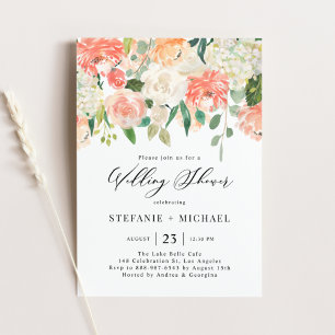 Waterverf Perzik en Ivory Flowers Wedding Shower Kaart