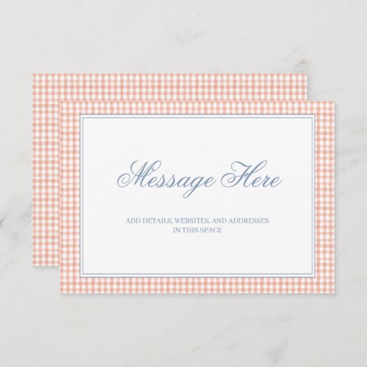 Waterverf perzik en witte gingham bruiloft informatiekaartje (Voorkant / Achterkant)