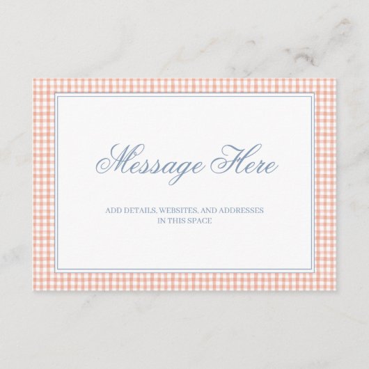 Waterverf perzik en witte gingham bruiloft informatiekaartje (Voorkant)