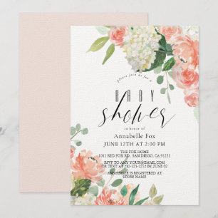 Waterverf Perzik Roos & Hydrangea Baby shower Kaart