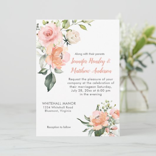 Waterverf Perzik Roze en Wit Rozen Bruiloft Kaart (Staand voorkant)