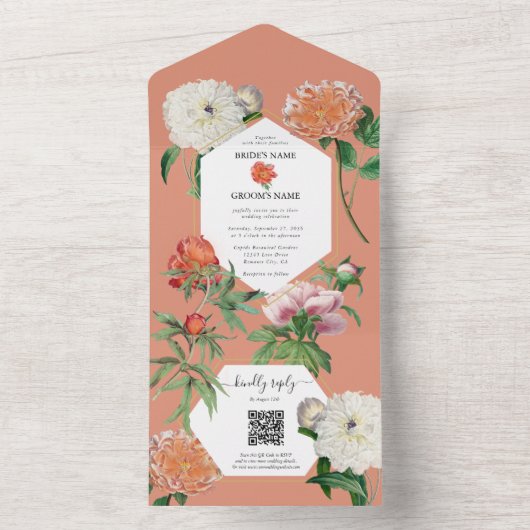 Waterverf Perzik Roze Pioenrozen Bloemen Bruiloft All In One Uitnodiging (Binnen)