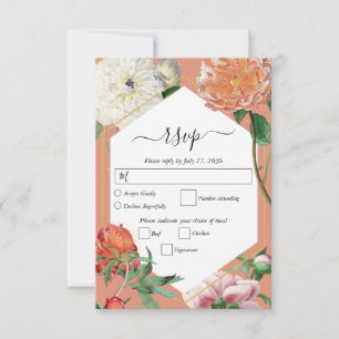 Waterverf Perzik Roze Pioenrozen Bloemen Bruiloft RSVP Kaartje