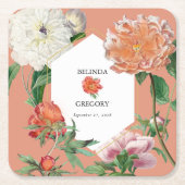 Waterverf Perzik Roze Pioenrozen Bloemen Bruiloft Vierkante Kartonnen Onderzetter (Voorkant)