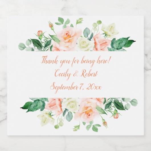 Waterverf perzik Rozen en groen bierflesje Bier Etiket (Enkel label)