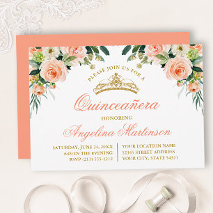 Waterverf Perzik Wit Bloemen Quinceanera Party Kaart
