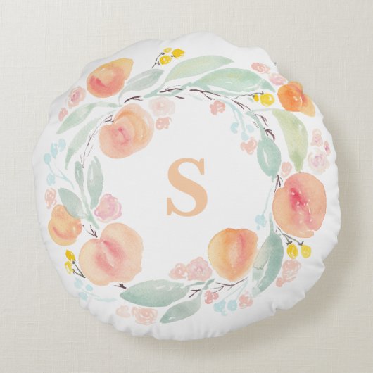 Waterverf perziken bladerkrans monogram rond kussen (Achterkant)