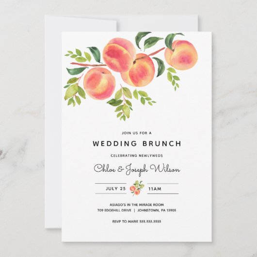 Waterverf perziken bruiloft brunch uitnodiging (Voorkant)