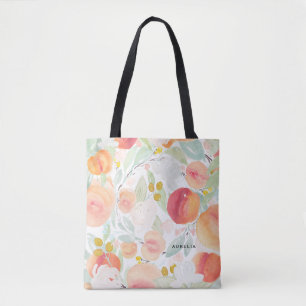 Waterverf perziken en bloemen Patroon Canvas tas