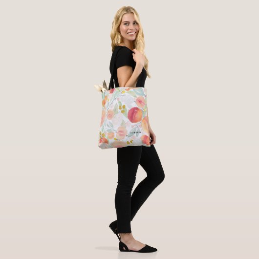 Waterverf perziken en bloemen Patroon Canvas tas (Op model)