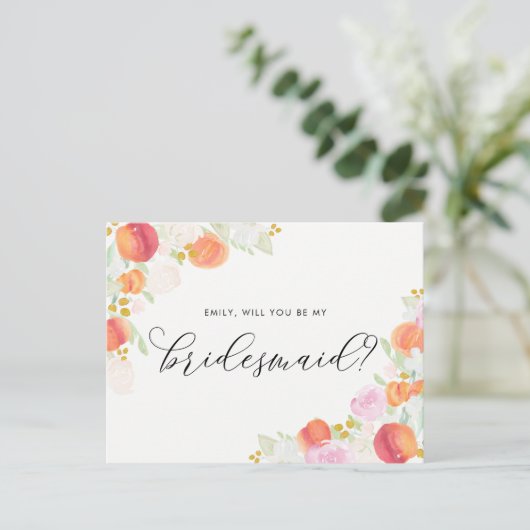 Waterverf Perziken en bloemen zijn mijn Bridesmaid Uitnodiging Briefkaart (Staand voorkant)