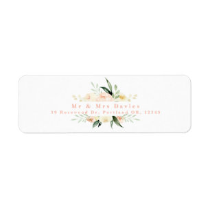 Waterverf perziken en groene florale adressetiket etiket