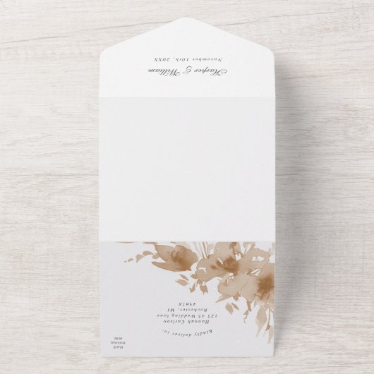 Waterverf perzikflorale envelop drievoudig bruilof all in one uitnodiging (Buitenkant)