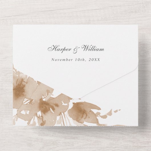 Waterverf perzikflorale envelop drievoudig bruilof all in one uitnodiging (Achterkant)