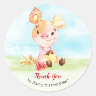 Waterverf Piggy Baby shower Boerderij dank u Ronde Sticker