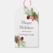 Waterverf-pijnbomen en pijnboompitten kerst cadeaulabel (Voorkant)