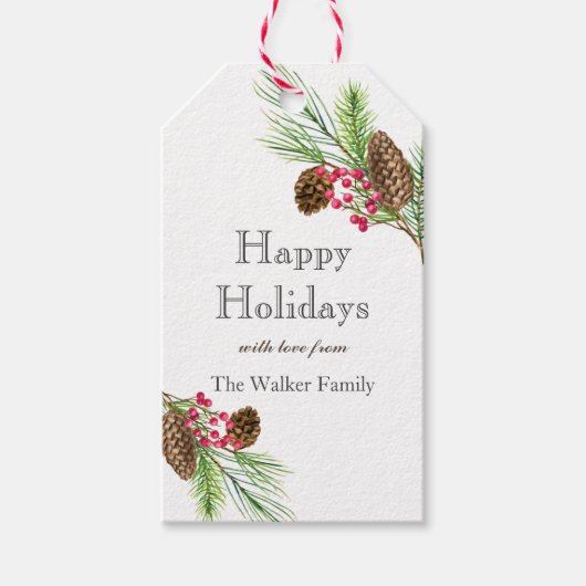 Waterverf-pijnbomen en pijnboompitten kerst cadeaulabel (Voorkant)