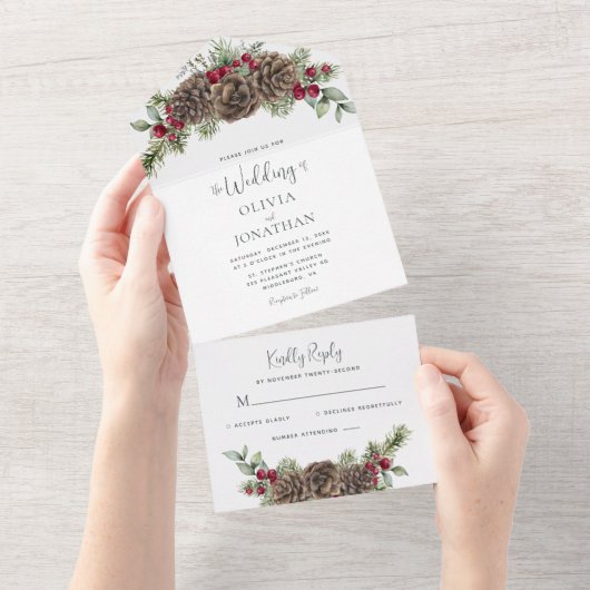 Waterverf Pijnboomgroen Script Kerstbruiloft All In One Uitnodiging (Afscheurbaar)