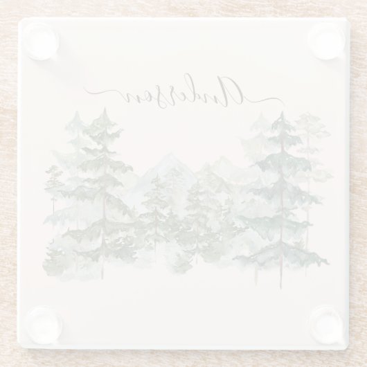 Waterverf Pijnbos en berg Rustiek Glazen Onderzetter (Achterkant)