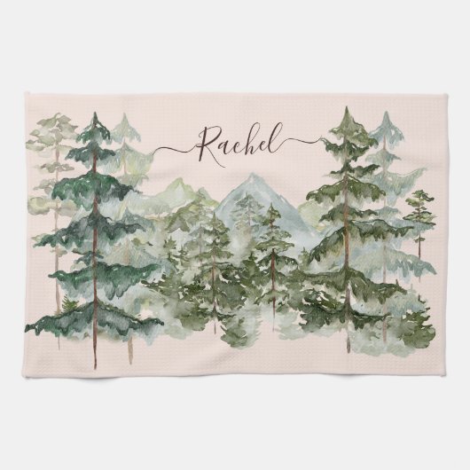 Waterverf Pijnbos en berg Rustiek Theedoek (Horizontaal)
