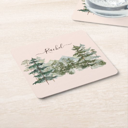 Waterverf Pijnbos en berg Rustiek Vierkante Kartonnen Onderzetter (Schuin)