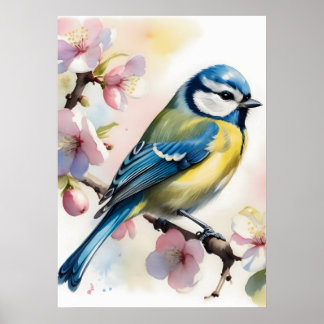 Waterverf Pimpelmees op appelboom lente Poster