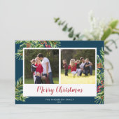 Waterverf Pine 2 Fotoblauw kerstfeest Feestdagenkaart (Staand voorkant)