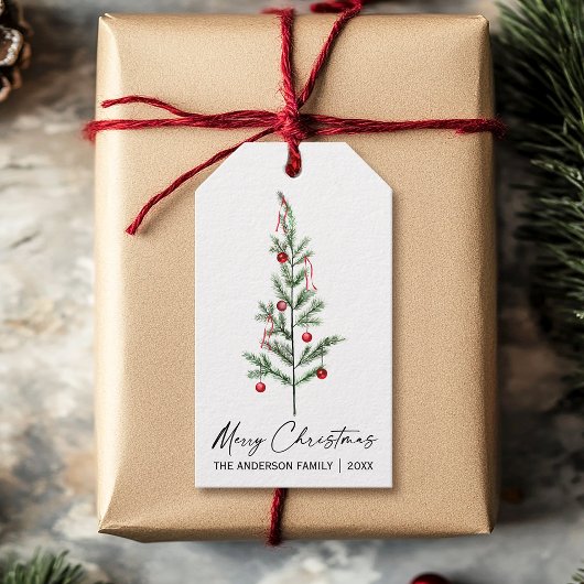 Waterverf Pine Boom Calligrafie Inkt Kerstmis Cadeaulabel