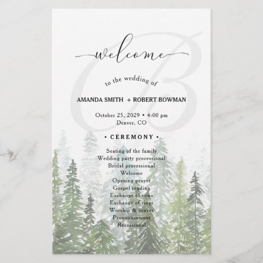 Waterverf Pine Bossen Forest Wedding Programme (Voorkant)