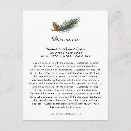 Waterverf Pine Branch Pine Cone Wedding Direction Informatiekaartje (Voorkant)