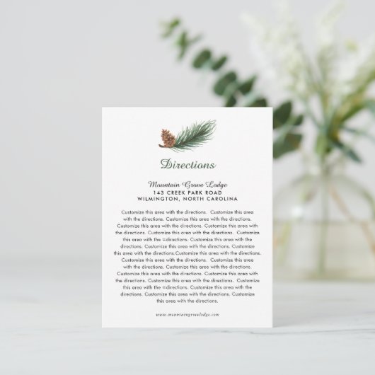 Waterverf Pine Branch Pine Cone Wedding Direction Informatiekaartje (Staand voorkant)