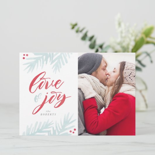 Waterverf Pine Brush Love and Joy Holiday Kaart (Staand voorkant)