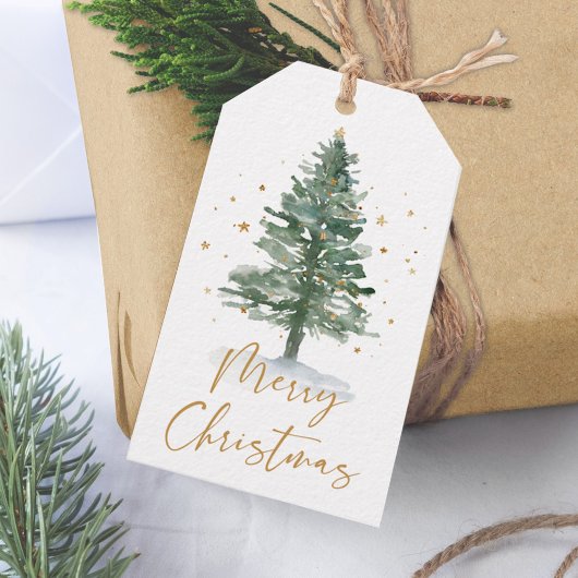 Waterverf Pine Christmas Tree Gold Cadeaulabel