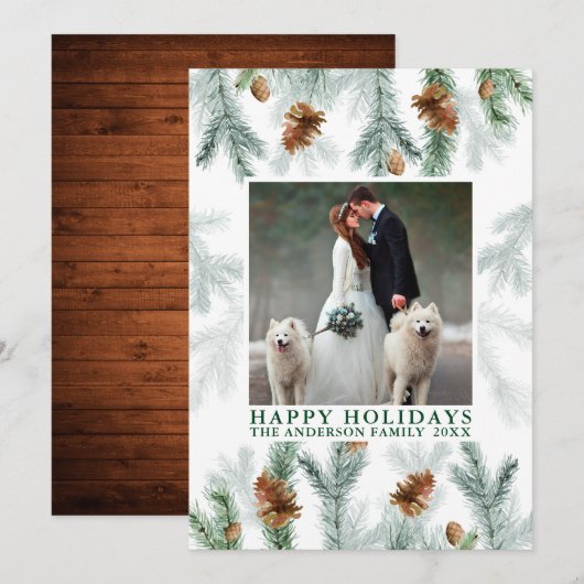 Waterverf Pine Cone Greenery Wood Kerstmis Feestdagenkaart (Voorkant / Achterkant)