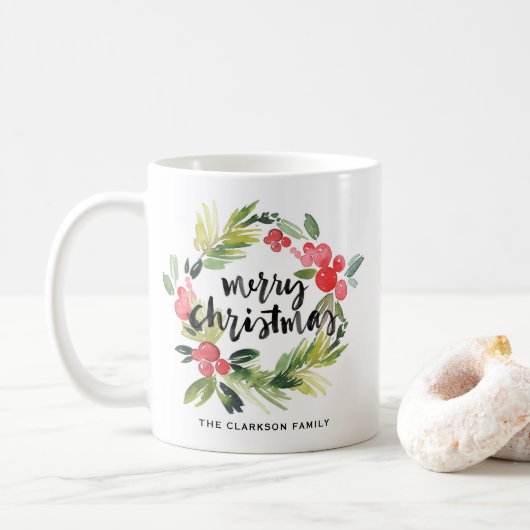 Waterverf Pine en Holly Krans Kerstfoto Koffiemok (Met donut)