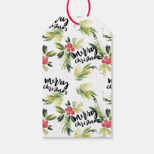 Waterverf Pine en Holly Krans Vrolijk Kerstfeest Cadeaulabel (Achterkant)