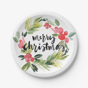 Waterverf Pine en Holly Krans Vrolijk Kerstfeest Papieren Bordje