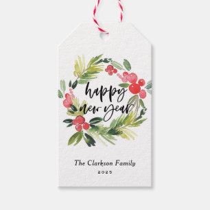 Waterverf Pine en Holly Wreath Gelukkig Nieuwjaar Cadeaulabel