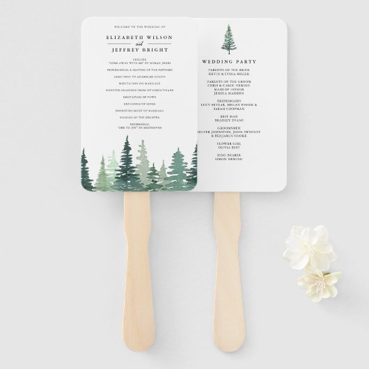 Waterverf Pine Forest Winter Wedding Programme Handwaaier (Voorkant en achterkant)