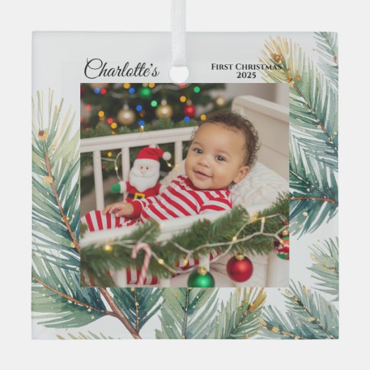 Waterverf Pine Foto Baby's eerste kerst Glas Ornament (Voorkant)