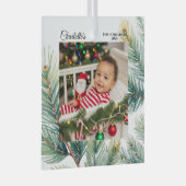 Waterverf Pine Foto Baby's eerste kerst Glas Ornament (Voorkant Rechts)
