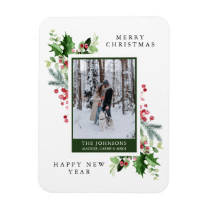Waterverf Pine Holly Berries Foto met Kerstmis Kaa Magneet