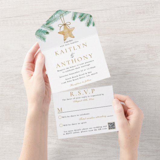 Waterverf Pine koopt kerstbruiloft All In One Uitnodiging (Afscheurbaar)