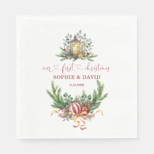 Waterverf Pine Onze 1e kerstbalkalligrafie Servet