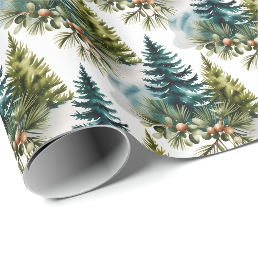 Waterverf Pine Pattern Elegant Winter Cadeaupapier (Rol Hoek)