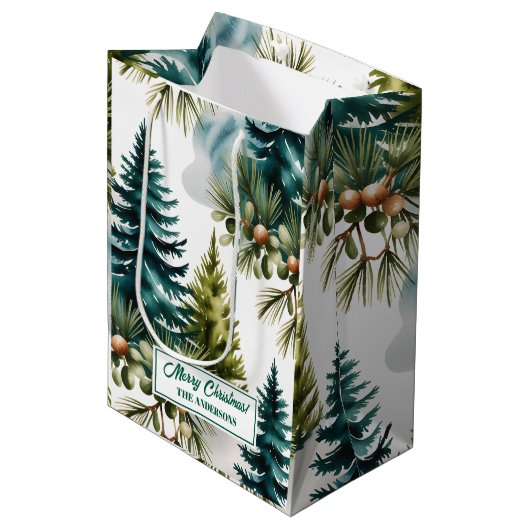 Waterverf Pine Pattern Elegant Winter Medium Cadeauzakje (Voorkant Gekanteld)