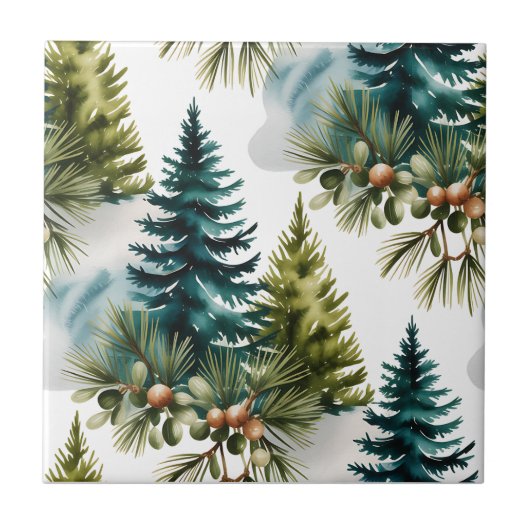 Waterverf Pine Pattern Elegant Winter Tegeltje (Voorkant)