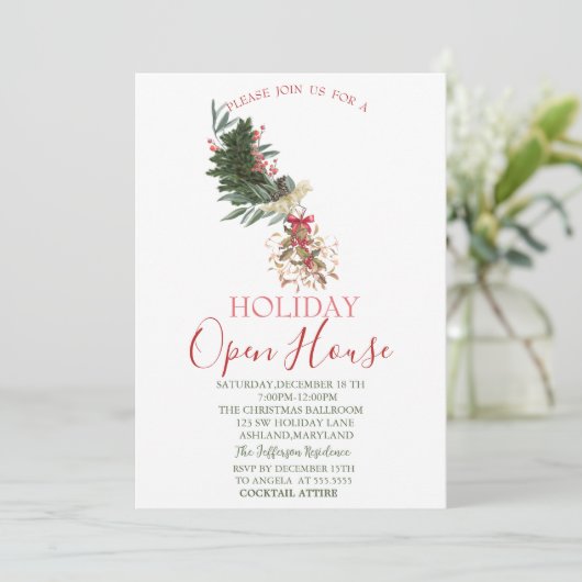 Waterverf Pine Tree Branch, Mistletoe Open House Kaart (Staand voorkant)