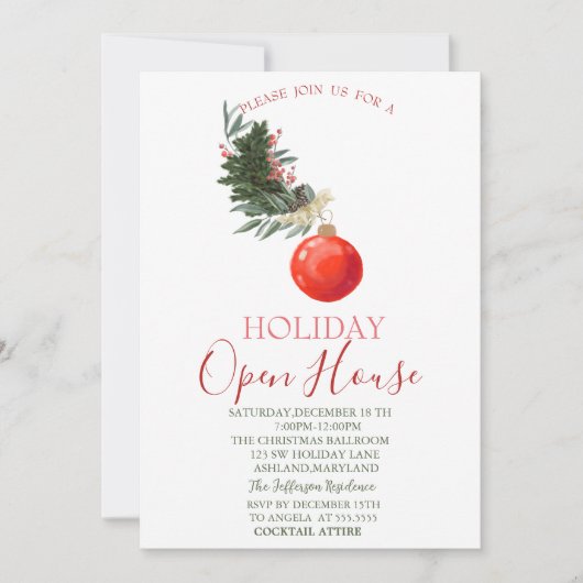 Waterverf Pine Tree Branch, Red Ball Open House Kaart (Voorkant)