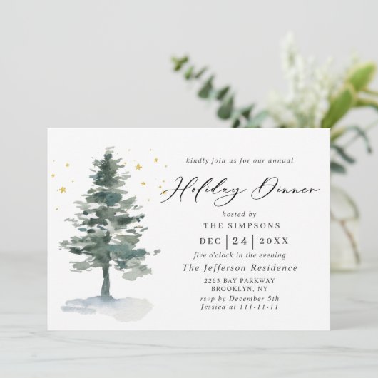 Waterverf Pine Tree Chic kerstfeestdag diner Kaart (Staand voorkant)